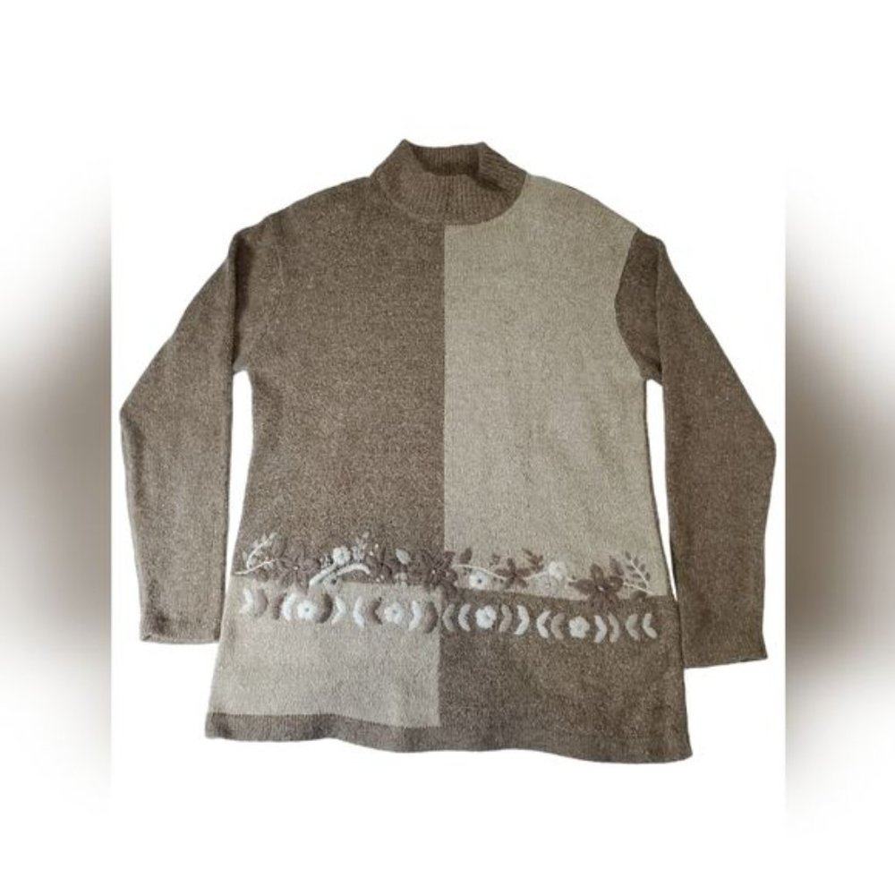 Milano Design Group Women Turtleneck Sweater Twotone Brown Size M Flower,